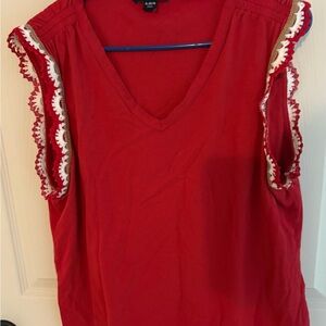 Nautica Red V-Neck Blouse with Embroidered Sleeves
